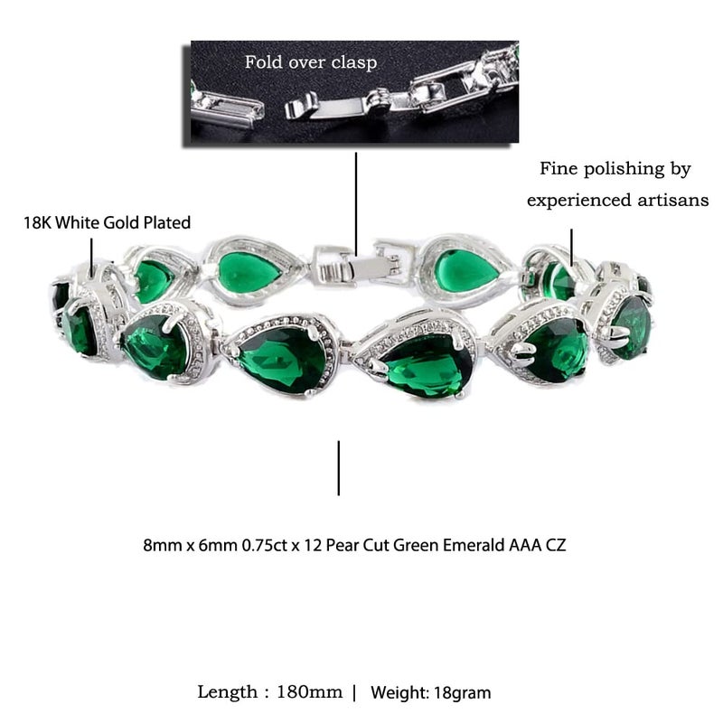 RIZILIA Tennis Bracelet & Pear Cut CZ [Simulated Green Emerald] in White Gold Plated, 7" - Image 2